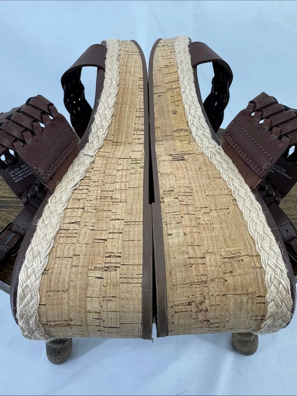 Like New! Frye & Co Womens Lavish Woven Brown Leather Wedge Cork Sandals, sz 8